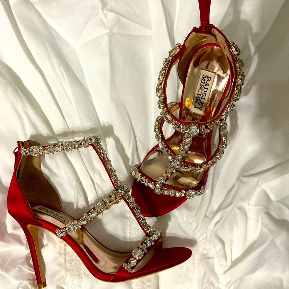 Badgley Mischka- Red Satin ankle jeweled heels! 5 1/2 USA size. Like new!!